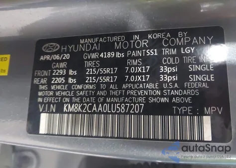 2020 Hyundai Kona Sel from USA, damaged, VIN KM8K2CAA0LU587207